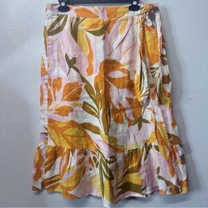C&C California Linen Tropical Floral Faux Wrap Midi Skirt Tie Waist 100% Linen